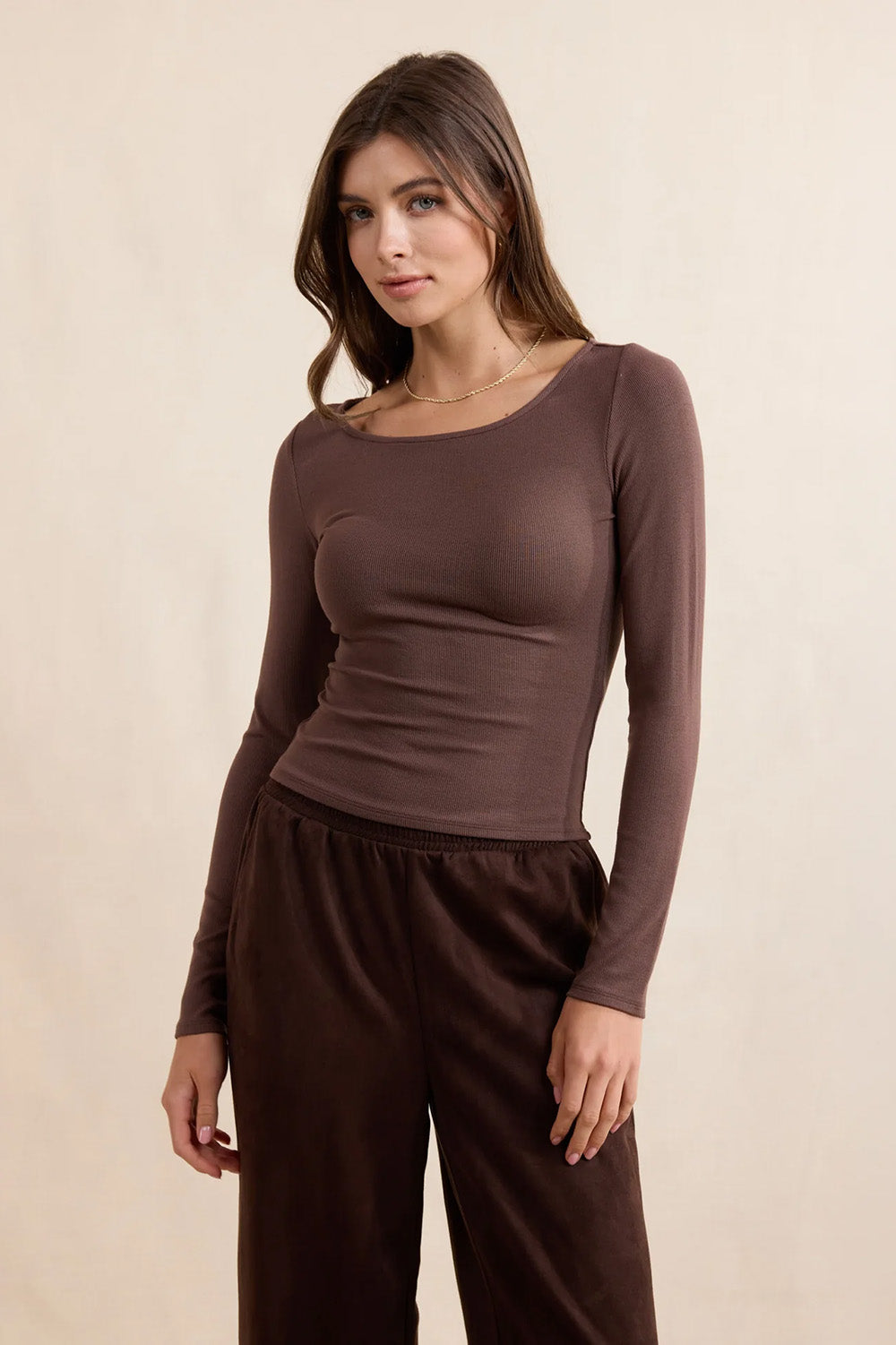 Sadie & Sage - Ronan Boat Neck Knit Top - Brown - Front