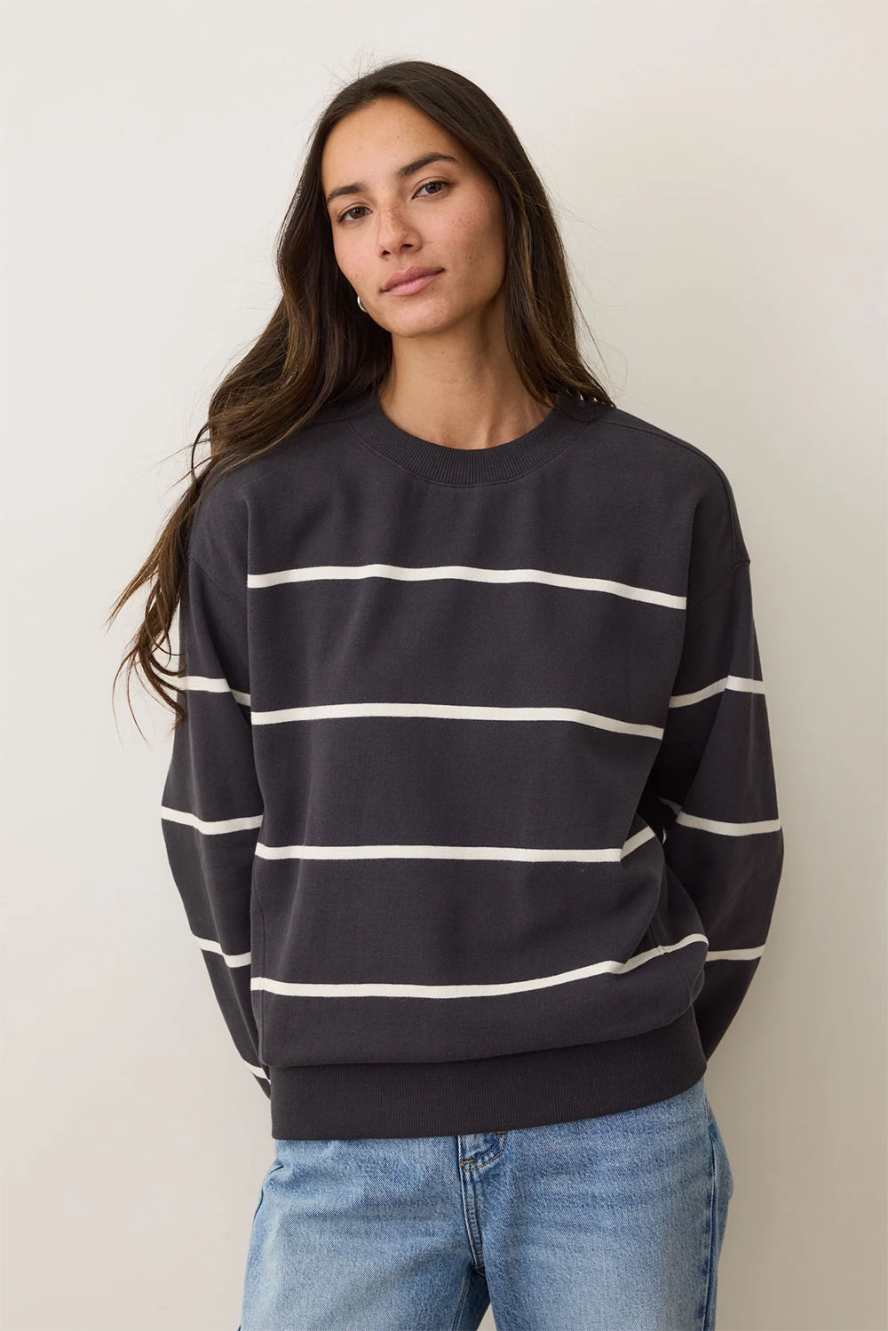 Marine Layer CLOUD 9 BIG SWEATSHIRT Black/White Stripe Front
