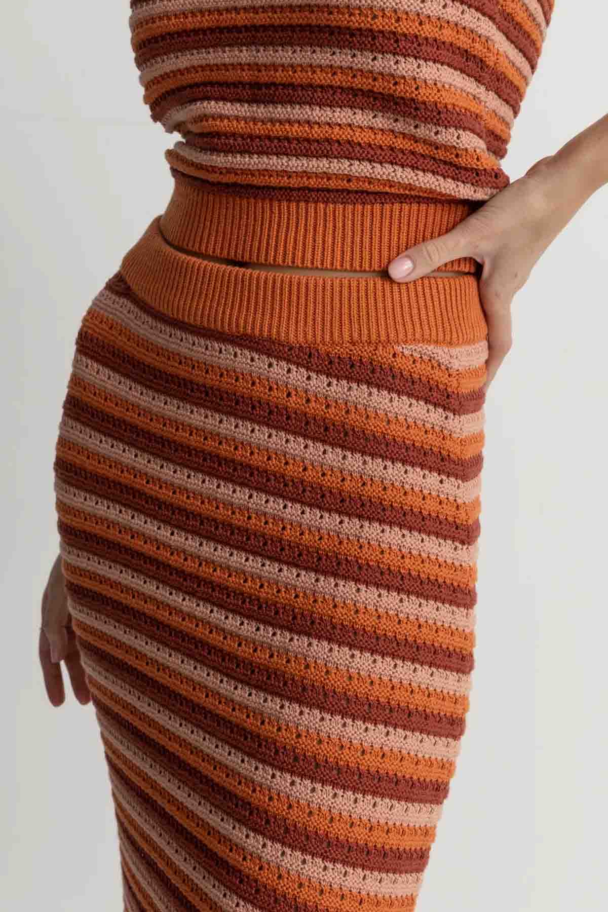 Rhythm - Spirit Stripe Midi Skirt - Coral - Detail