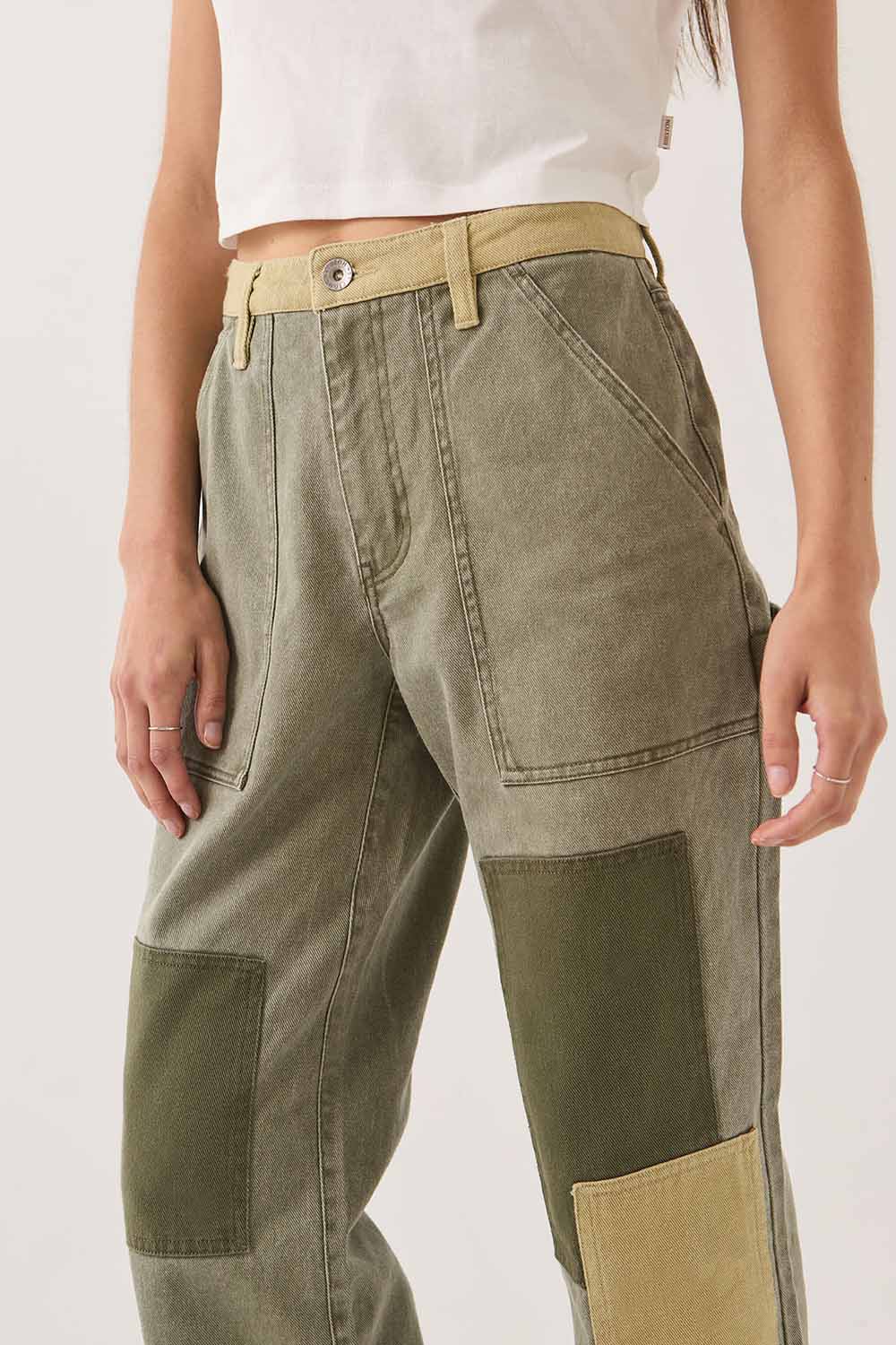 Brixton Essex Patchwork Painter Pant in Vintage Olive — Front Detail view