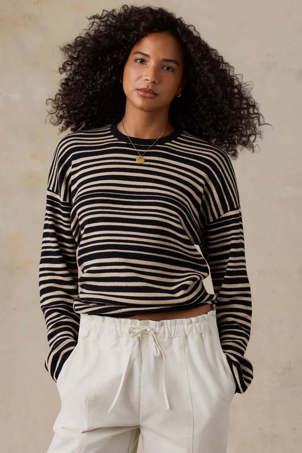 Faherty Throwback Studio Crew in Coastal Coal Stripe — Front view