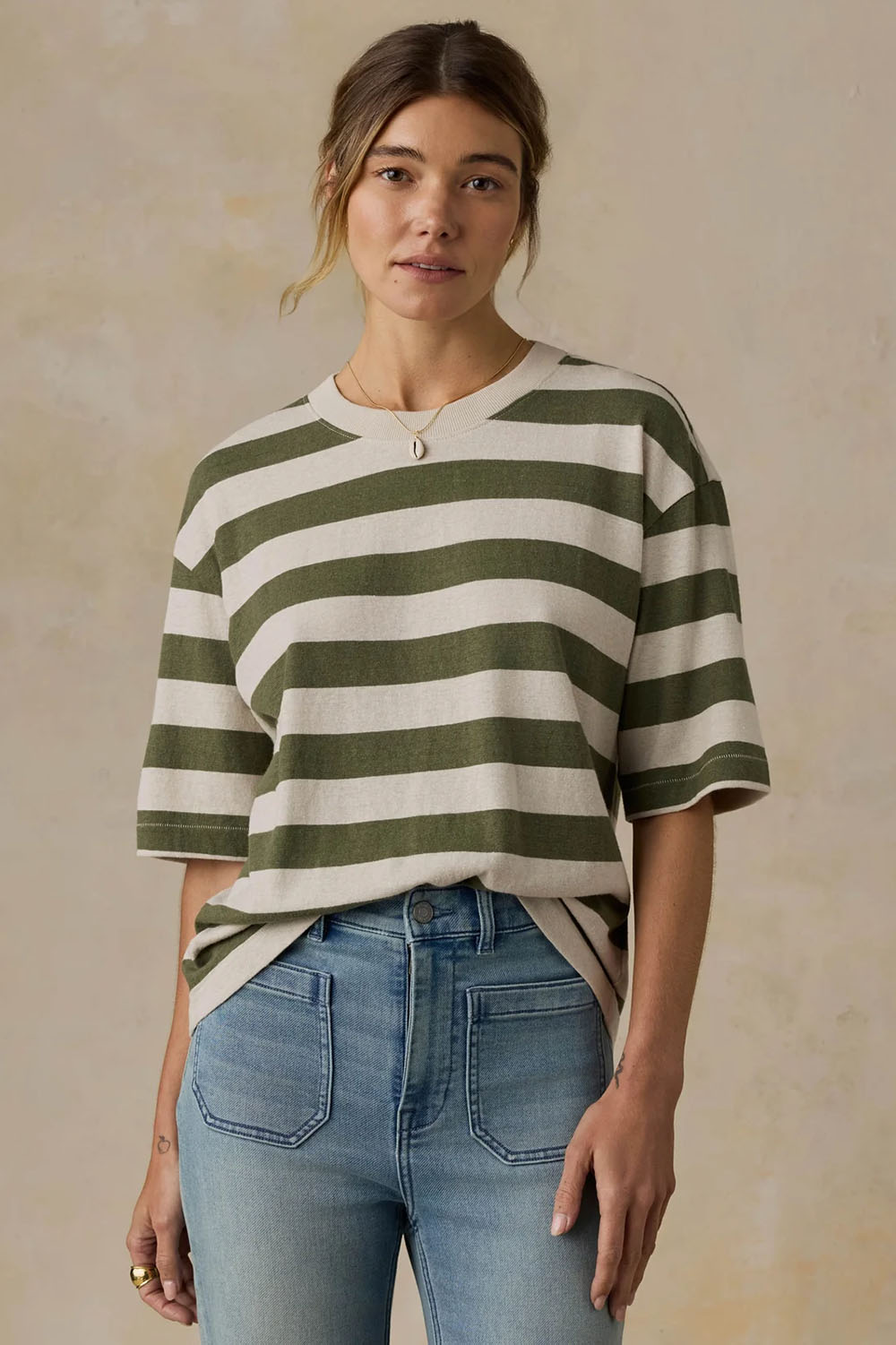 Faherty Hemp Blend Vintage Tee in Olive Stripe — Front view