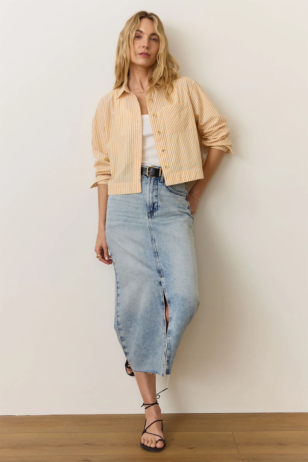 Marine Layer - Cropped Poplin Shirt - Gold Stripe