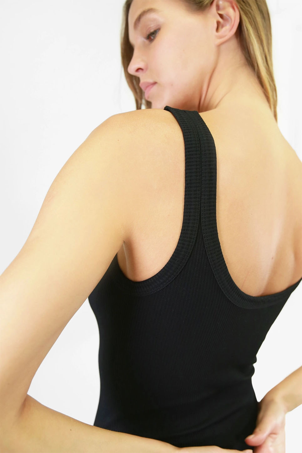 Niki Biki - Ribbed Scoop Neck & Back Bodysuit - Black - Back