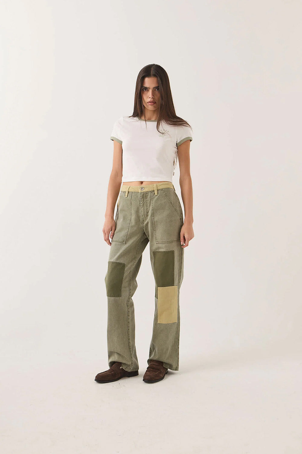 Brixton Essex Patchwork Painter Pant in Vintage Olive — Front view