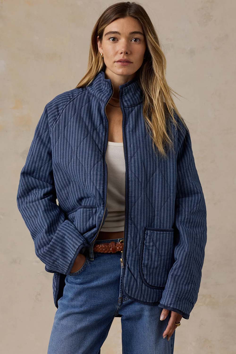 faherty topsail quilted jacket riverline stripe front
