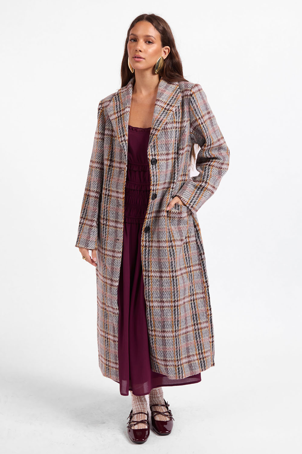 Sage the Label - Flower Bed Plaid Coat - Grey Wine Multi - Side