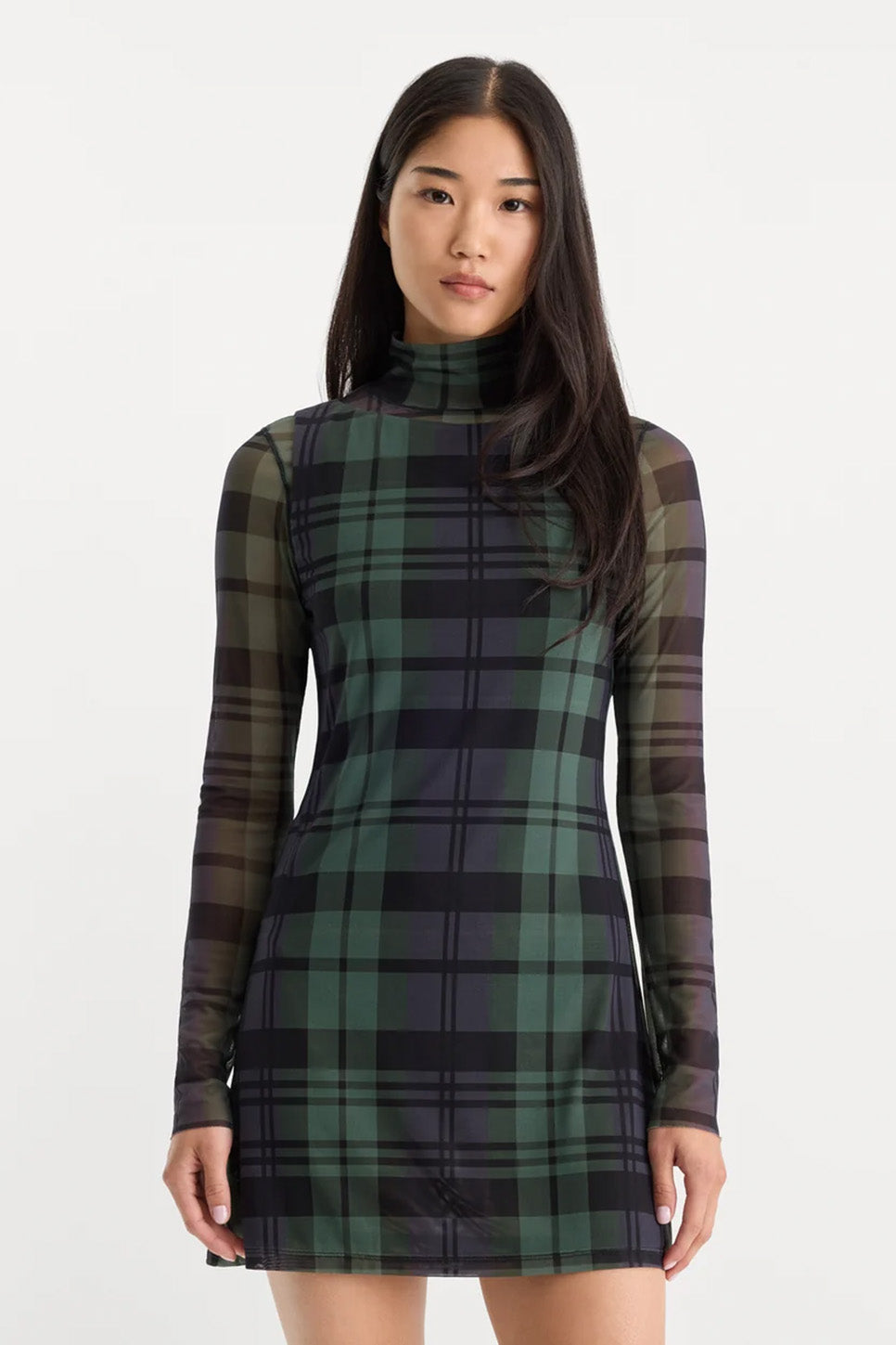 Good American - The Mesh Mini Dress - Navy Green Plaid - Front