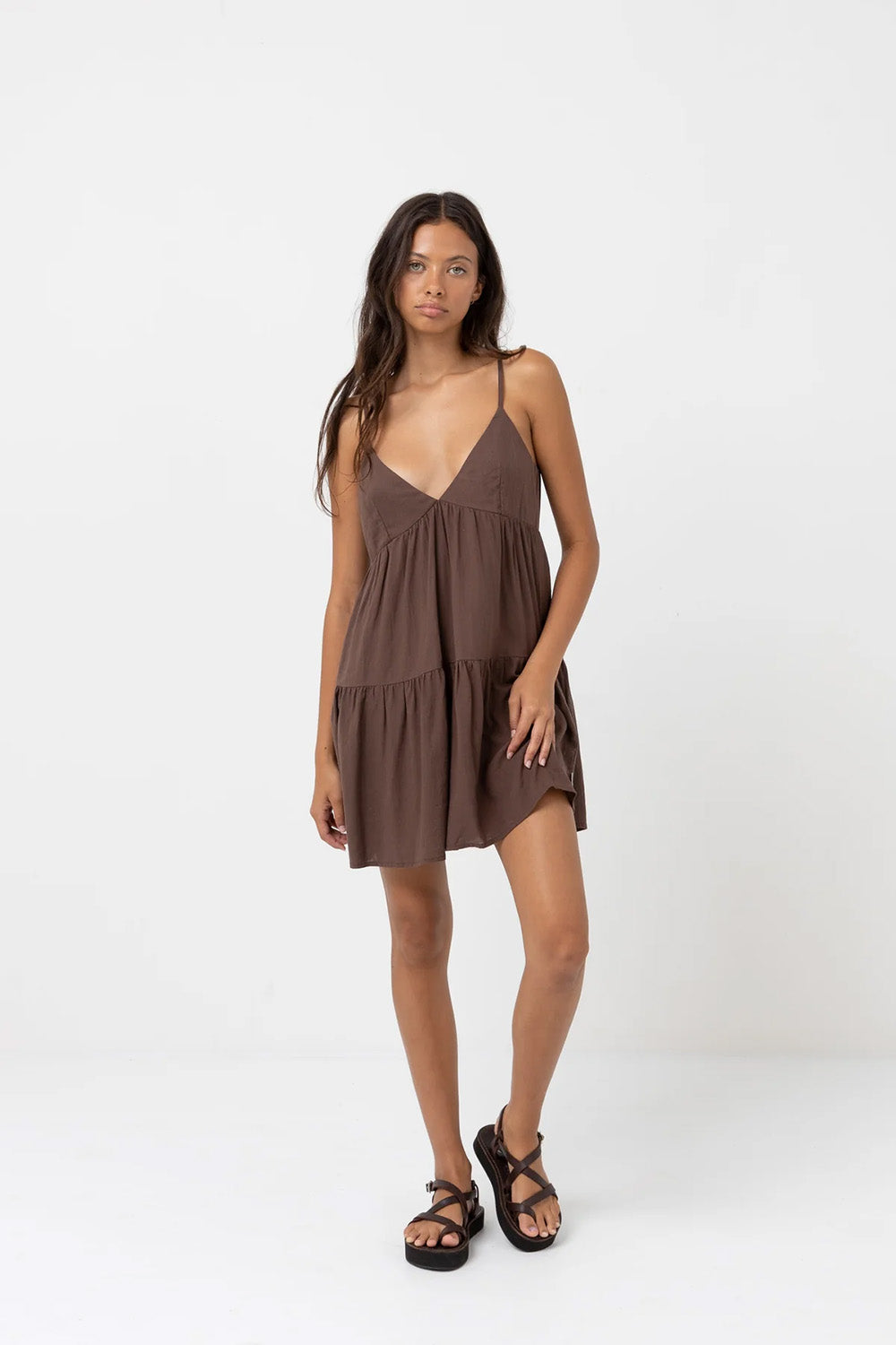 Rhythm - Classic Tiered Mini Dress - Chocolate