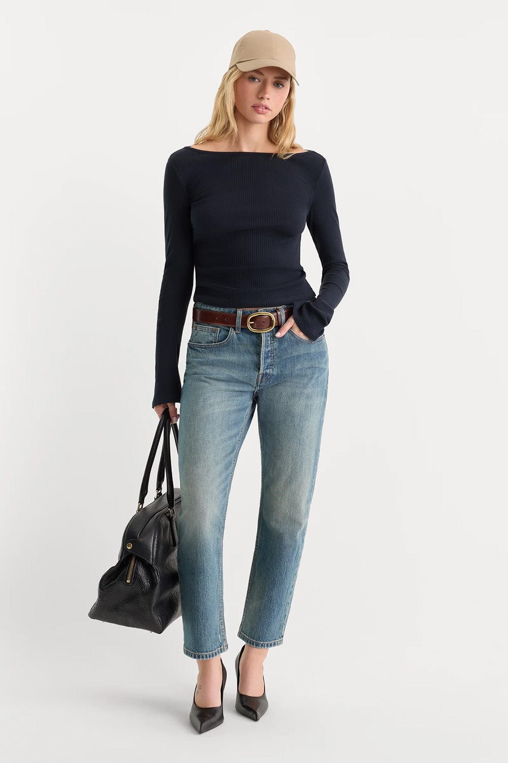 Good American The Varigated Rib Top in New Navy — Styled view
