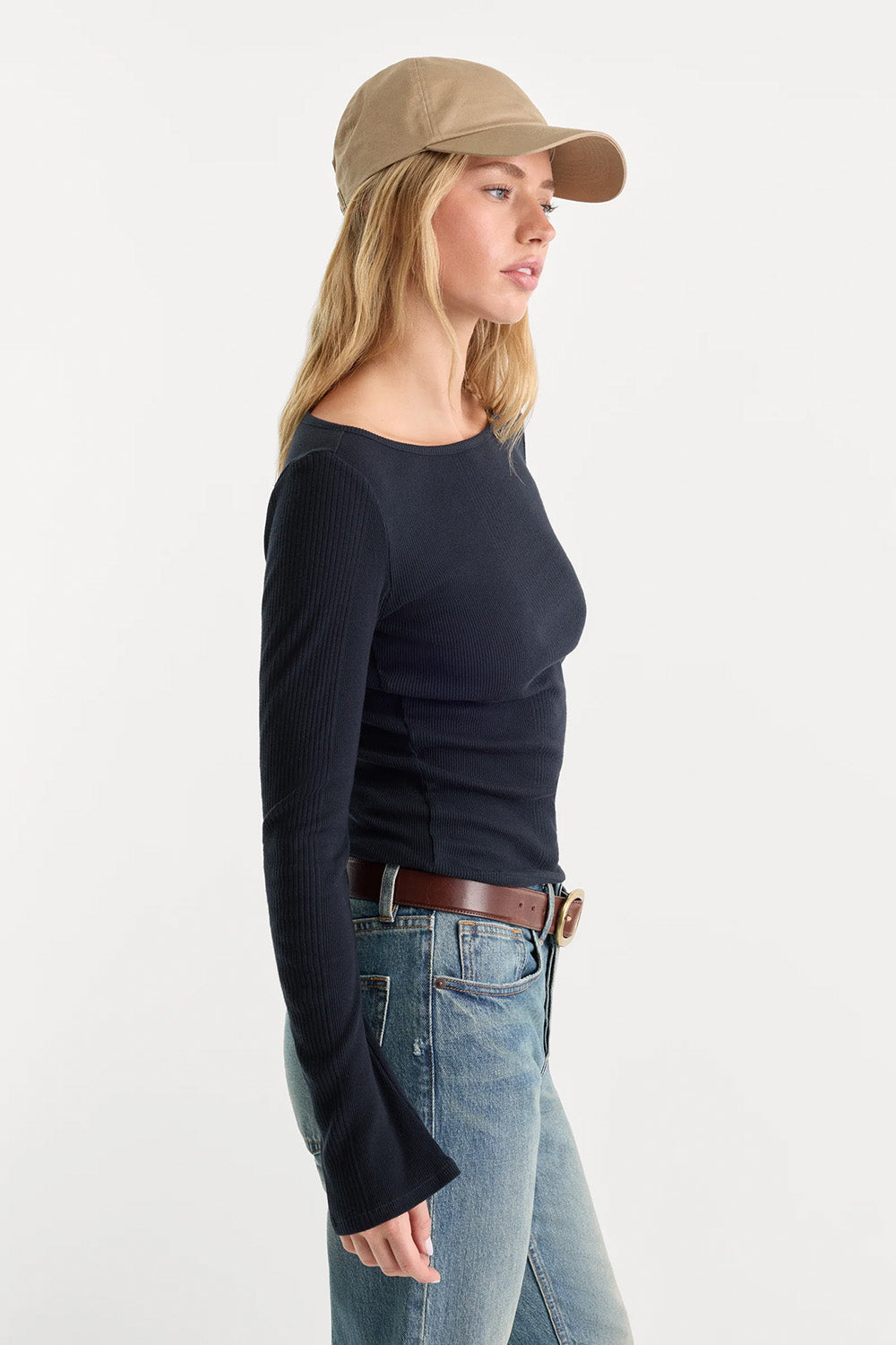 Good American The Varigated Rib Top in New Navy — Side view