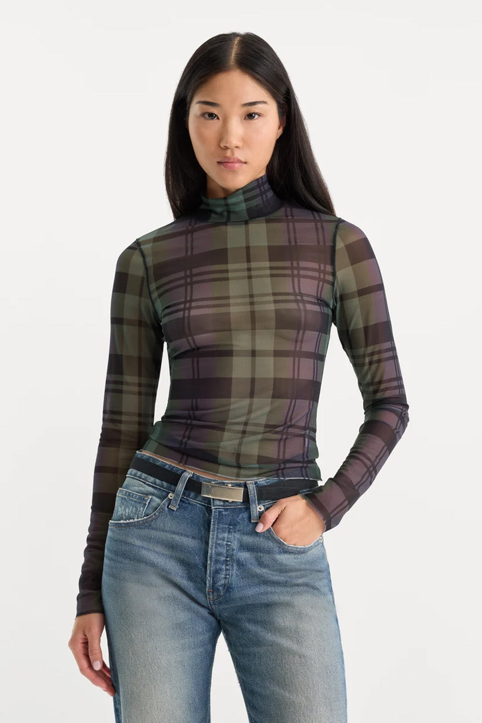 Good American - The Mesh Turtleneck - Navy Green Plaid - Front