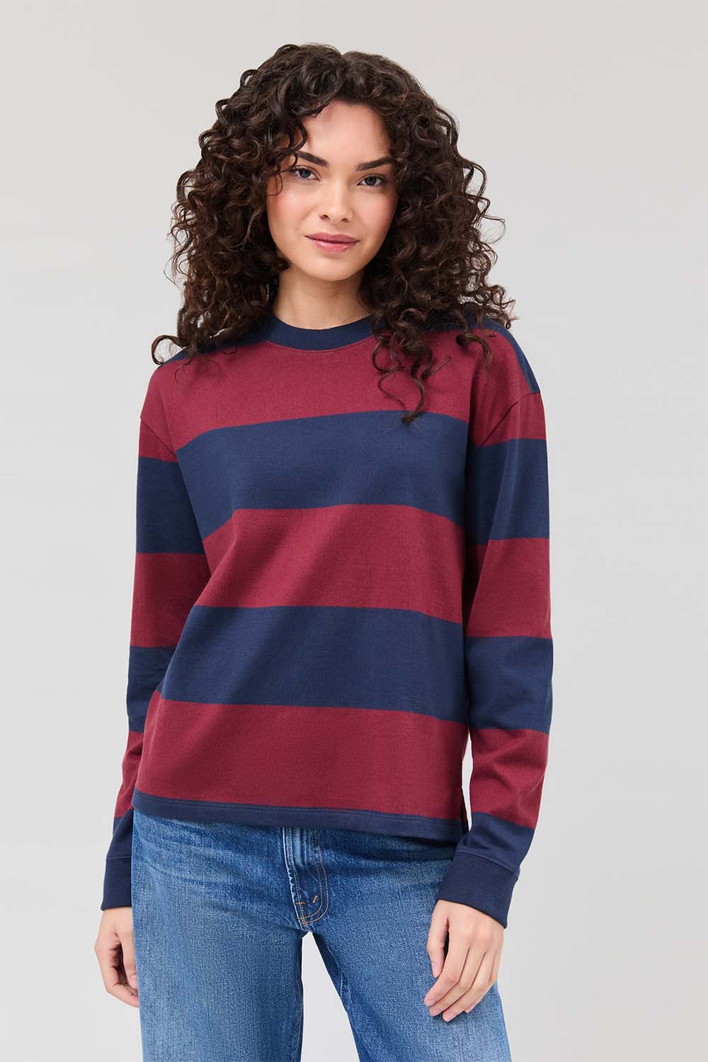 Richer Poorer - Beefy Strip Cotton Pullover - Maroon/Navy Stripe - Front