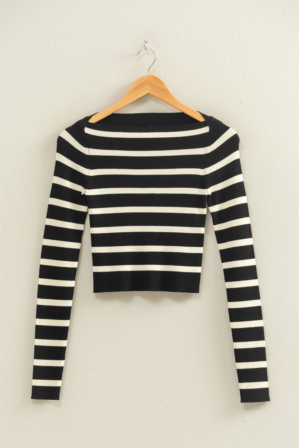 Double Zero - Striped Boatneck LS Crop - Black/Cream