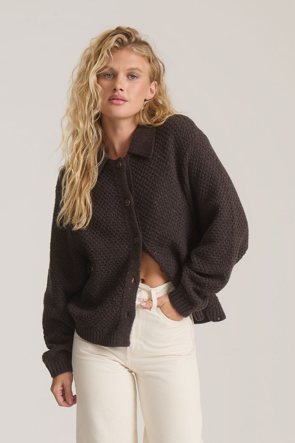 Roark Revival Open Roads Cardigan in Coco Bean — Quarter view