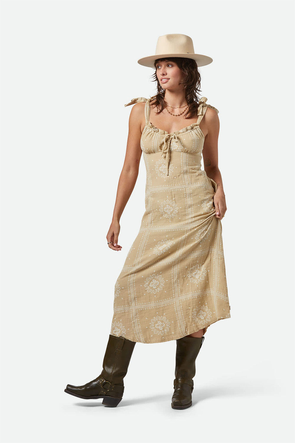 Brixton - Wandering Tie Dress - Pale Khaki Bandana - Front