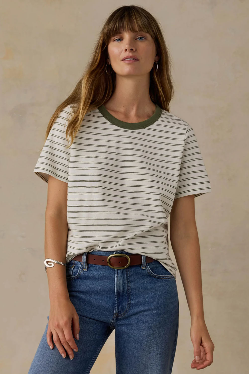 Faherty Sunwashed Essential Stripe Tee in Four Leaf Clover Mini Stripe — Front view