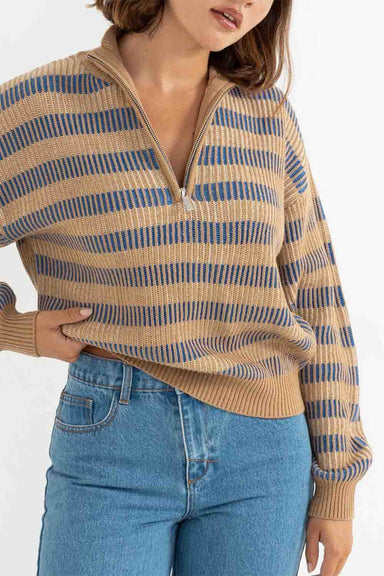Rhythm - Estelle Quarter Zip Striped Knit - Cobalt - Front