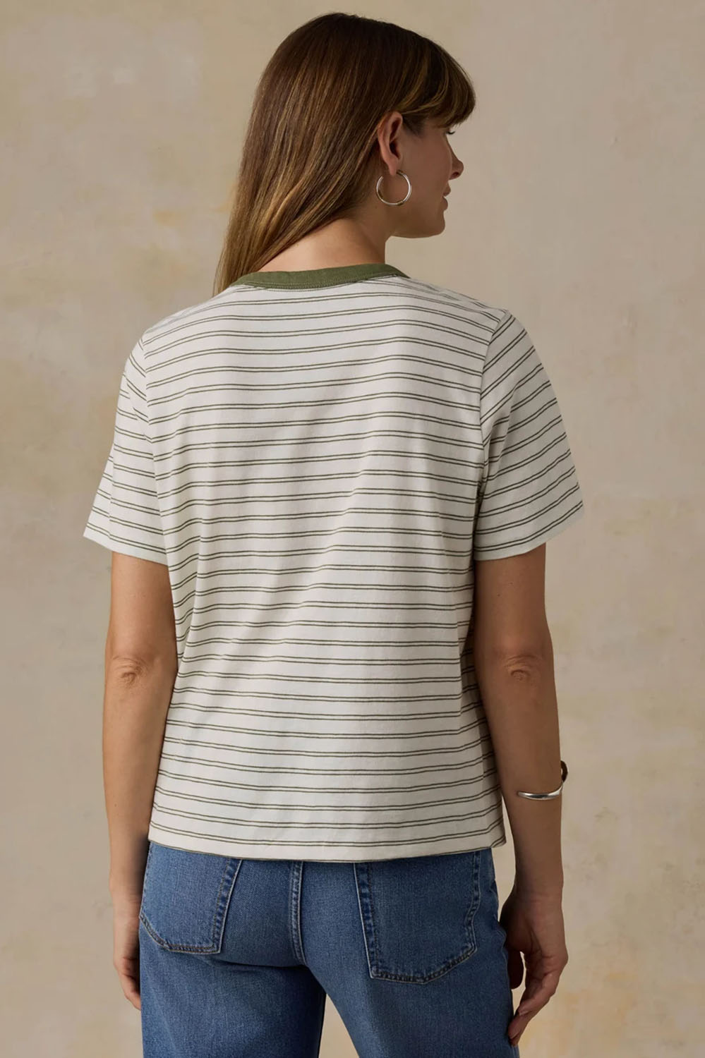 Faherty Sunwashed Essential Stripe Tee in Four Leaf Clover Mini Stripe — Back view