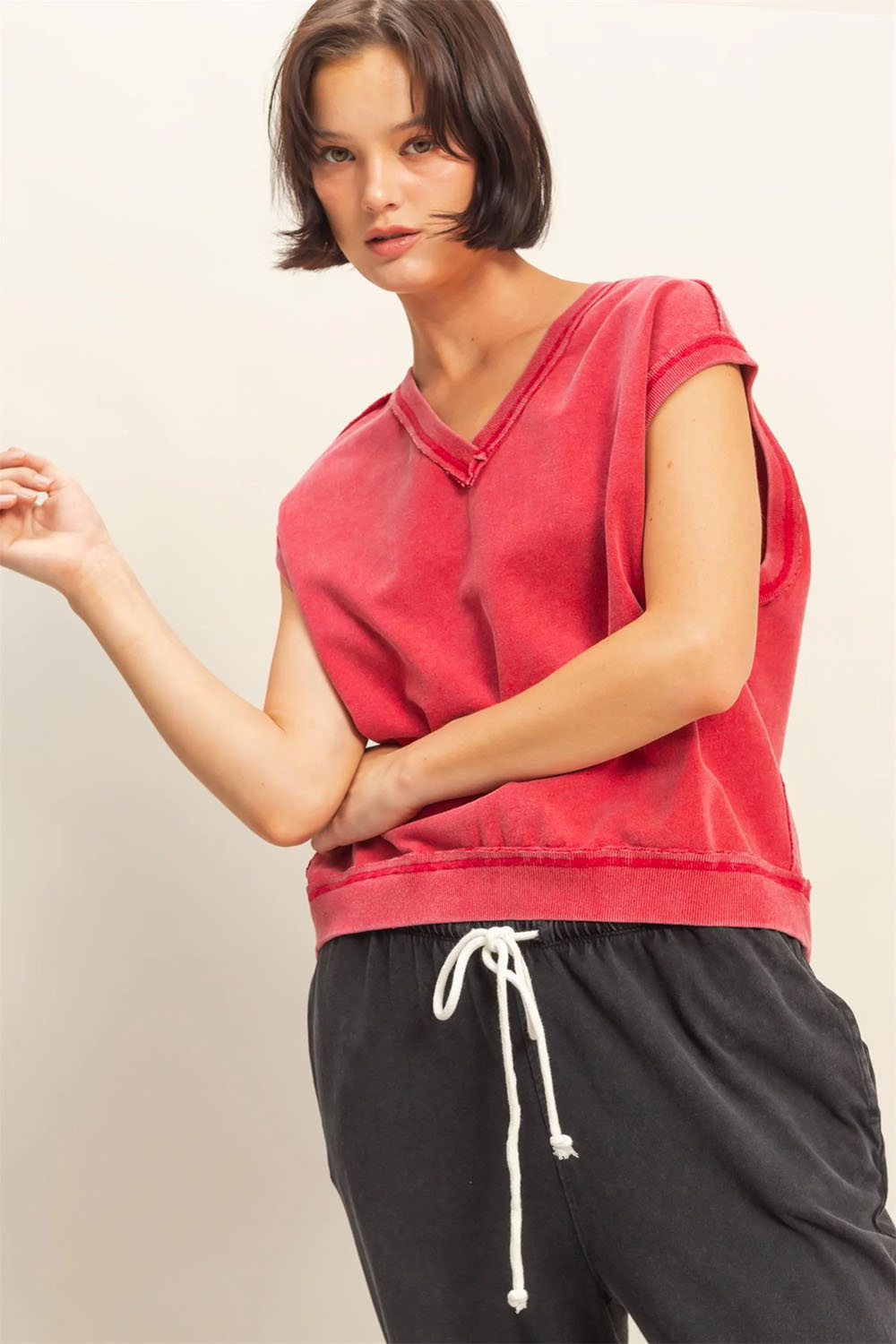 Double Zero - Sleeveless V-Neck Vest - Red - Front