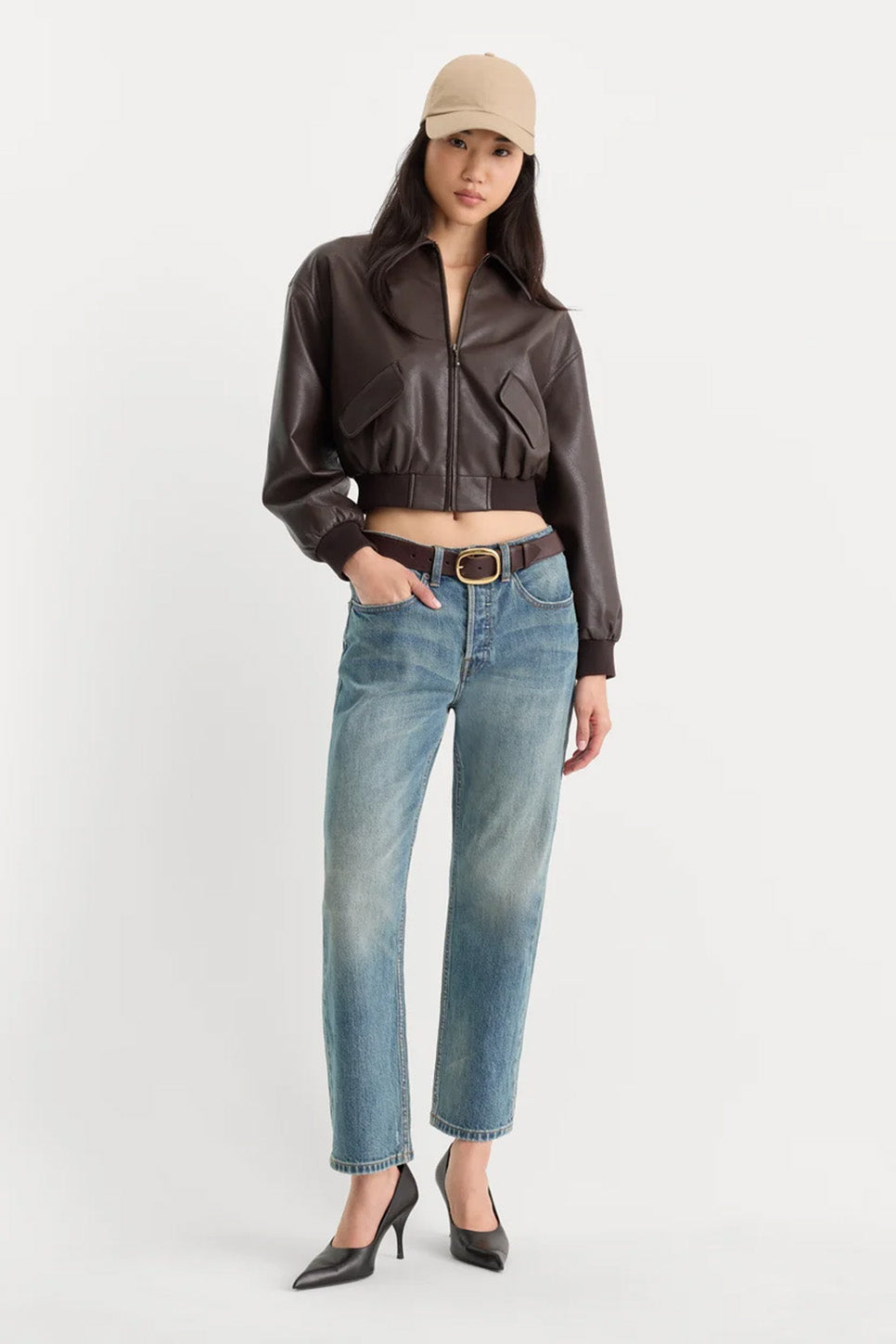 Good American The Better Than Leather Bomber in Espresso — Full Length view