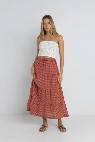 Rhythm - Lola Check Tiered Maxi Skirt - Red