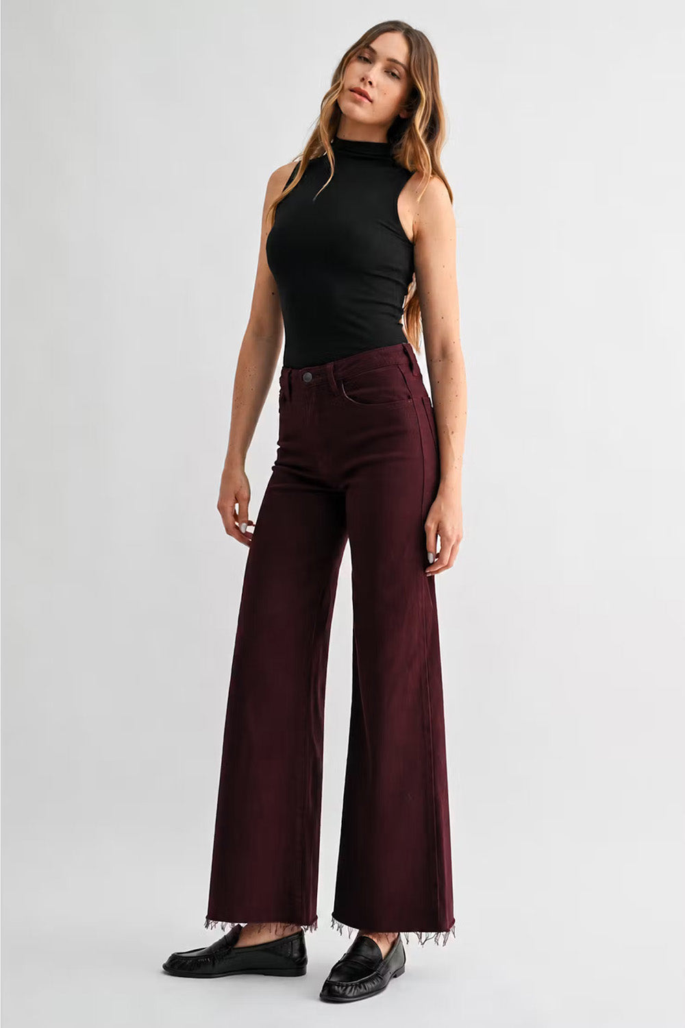 Letters to Juliet Paola A Line Scissor Cut in Black Cherry — front view, hands at sides