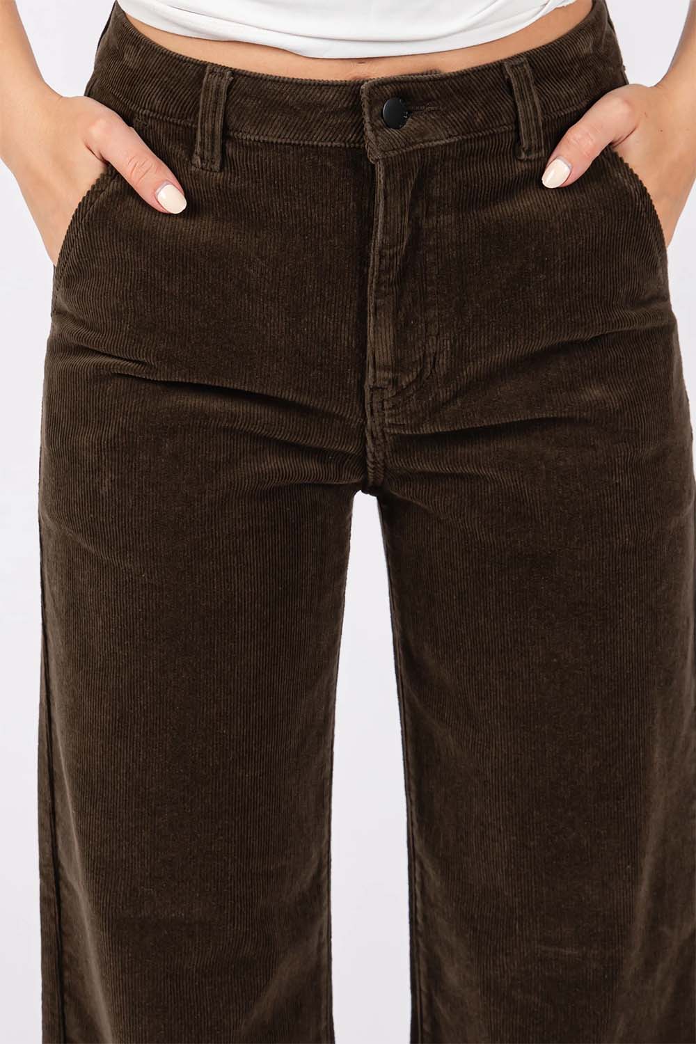 Letters to Juliet Wide Leg Stretch Cord Trouser in Moss — Front detail view