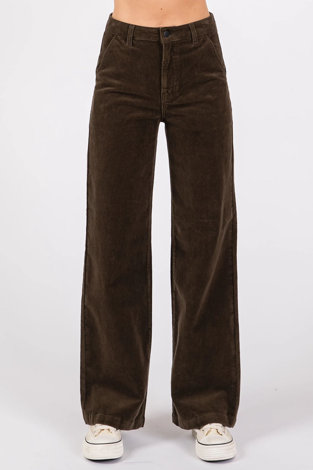 Letters to Juliet Wide Leg Stretch Cord Trouser in Moss — Front view