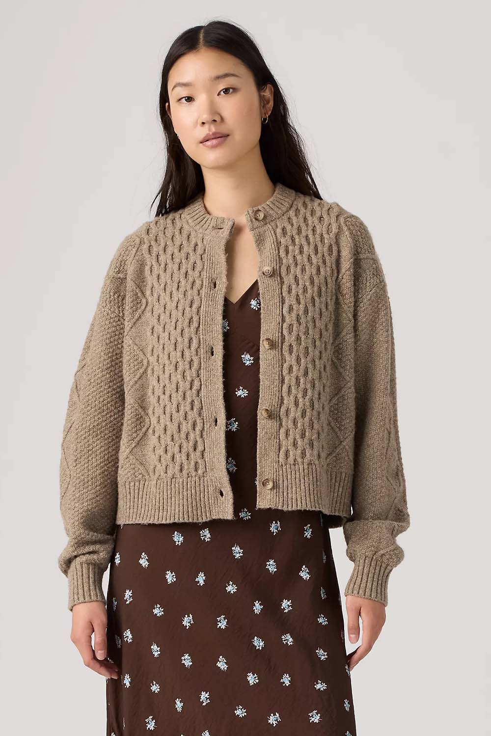 Levi's Charlotte Crewneck Cardigan in Mushroom Heather — Front view, cardigan open