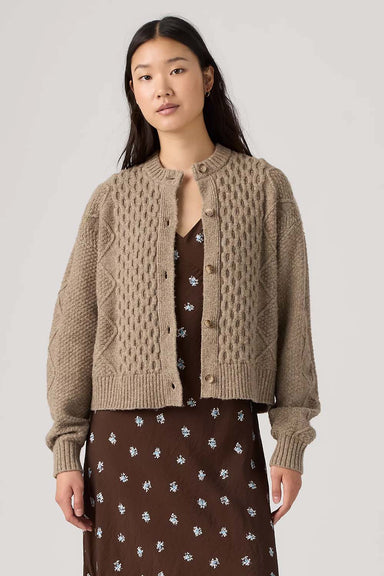 Levi's Charlotte Crewneck Cardigan in Mushroom Heather — Front view, cardigan open