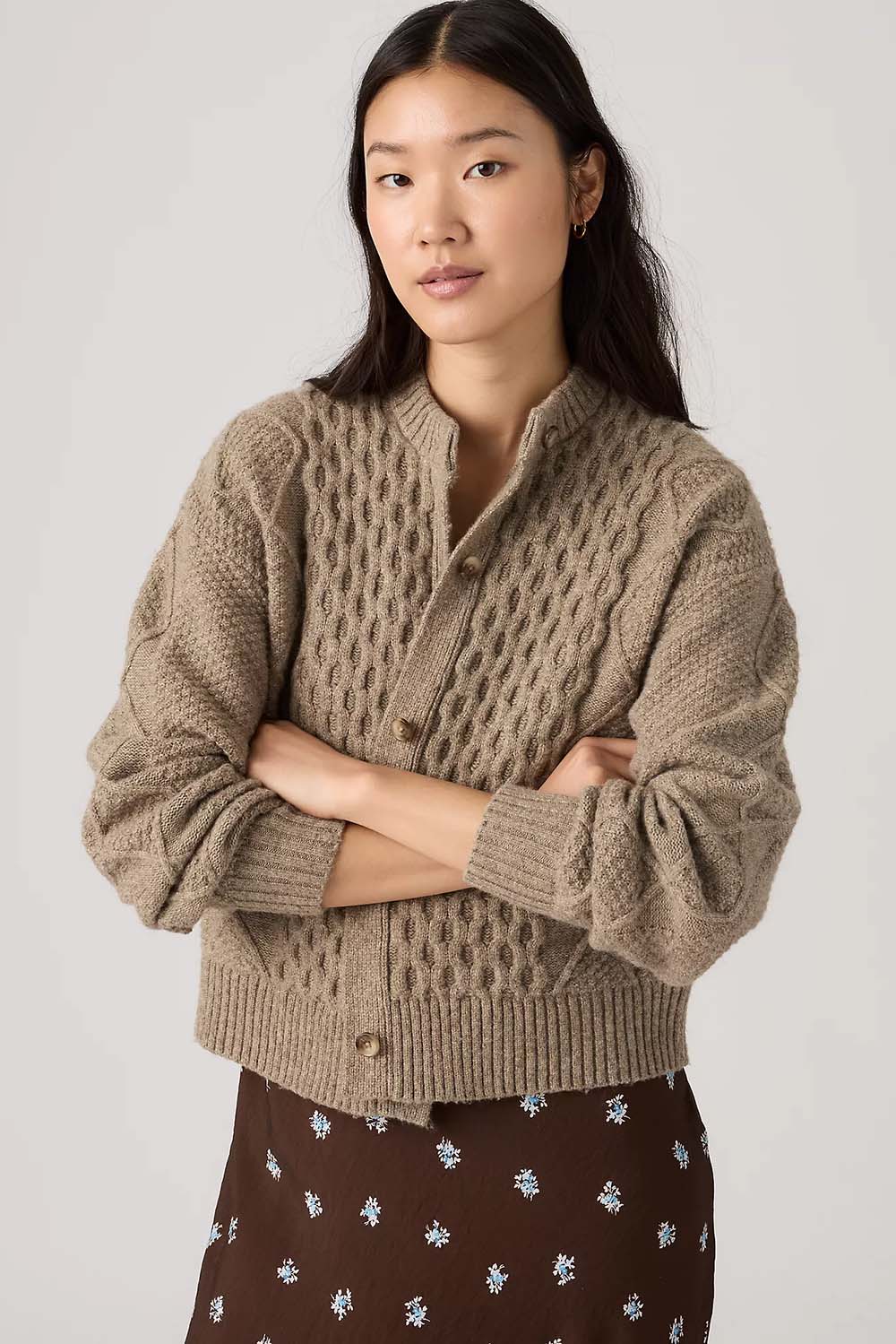 Levi's Charlotte Crewneck Cardigan in Mushroom Heather — Front view