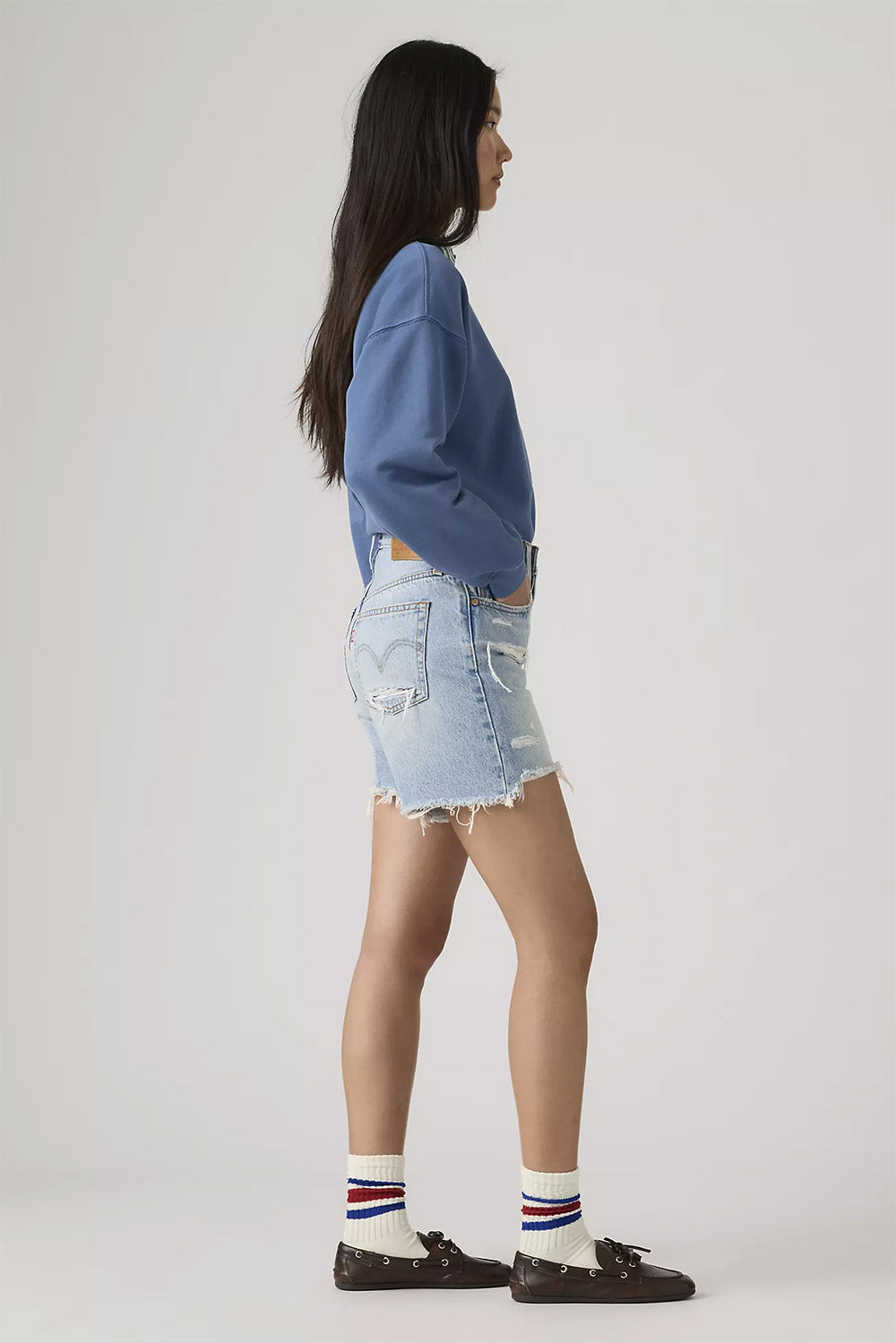 levis 501 mid thigh short got looks side