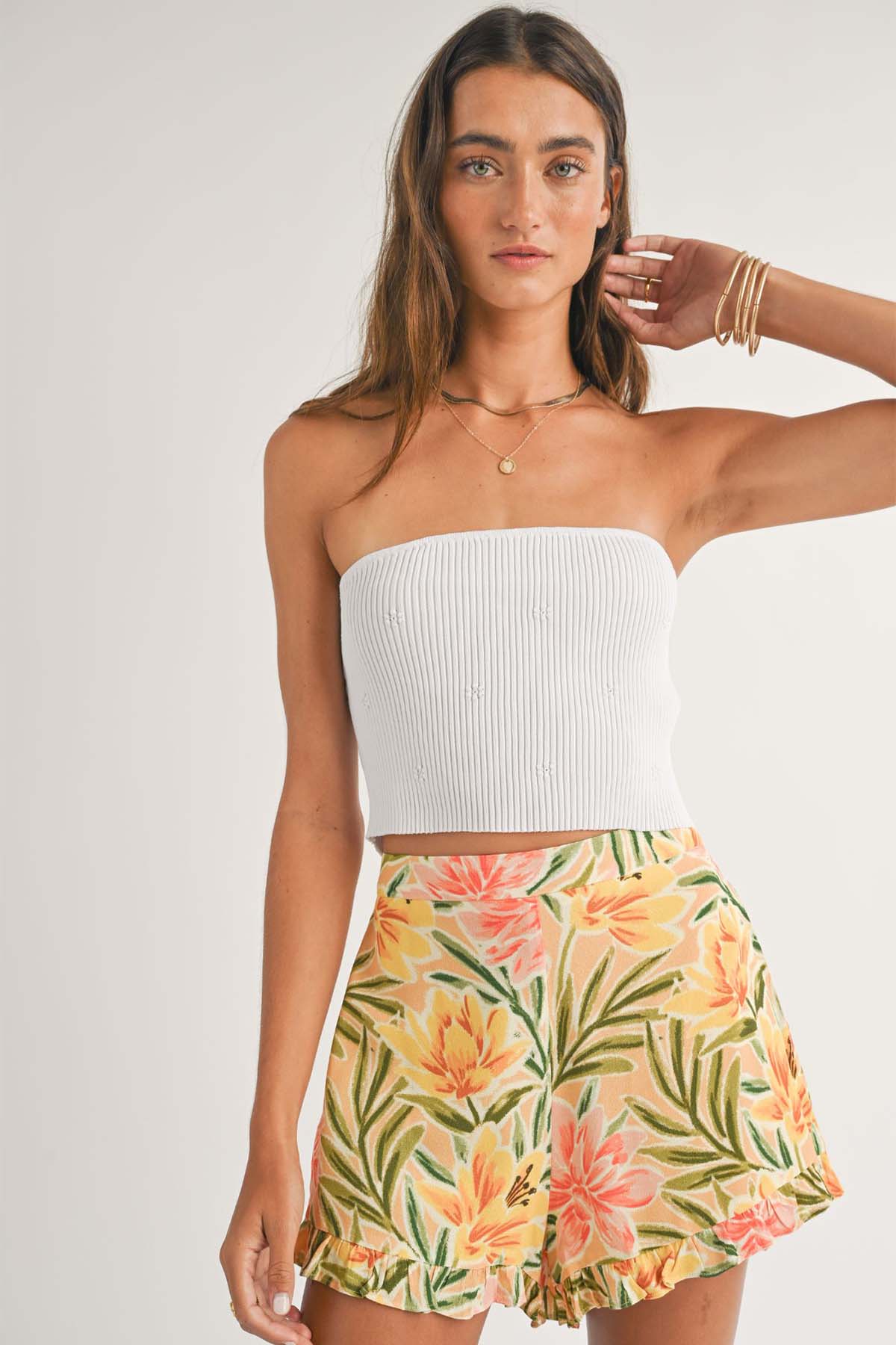 Sage the Label - Ayla Flower Rib Tube Top - White - Front