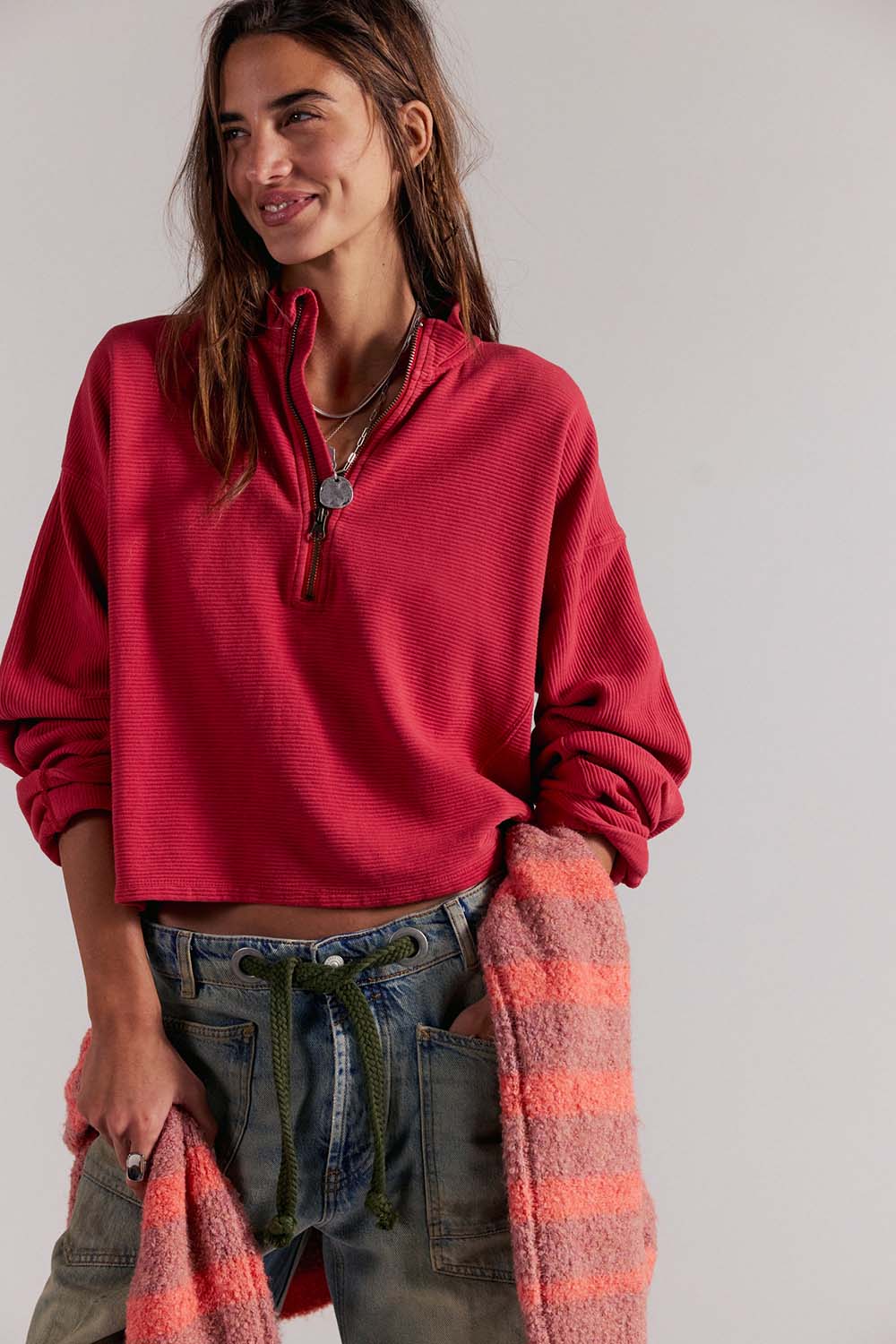 Free People - Celeste Quarter Zip - Salsa - Front