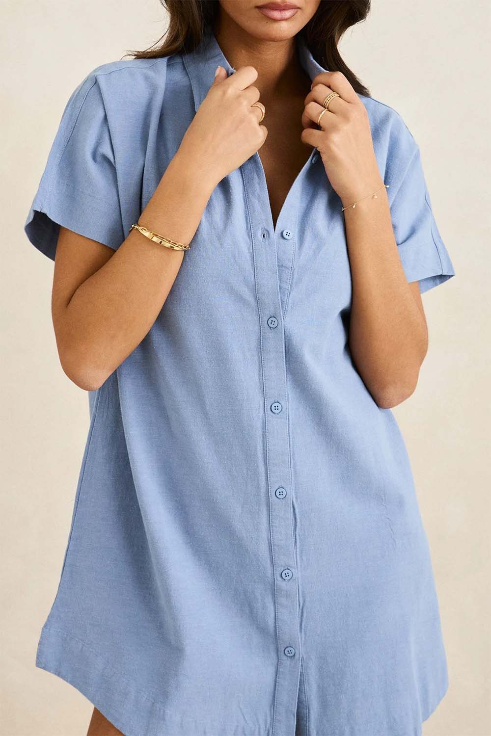 Rhythm - Classic Shirt Dress - Steel Blue - Detail
