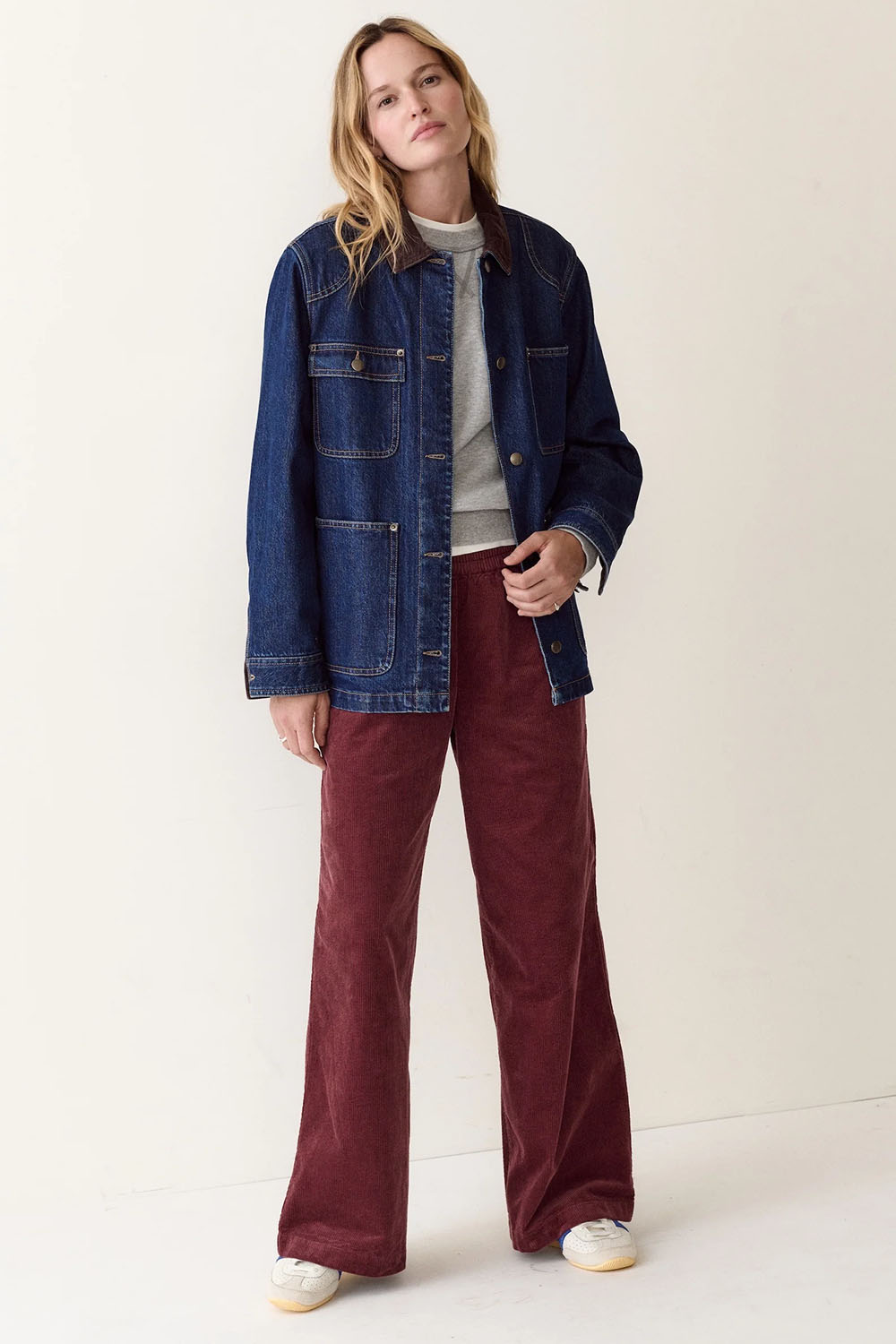 Marine Layer Allison Corduroy Trouser in Burgundy — Full-body view