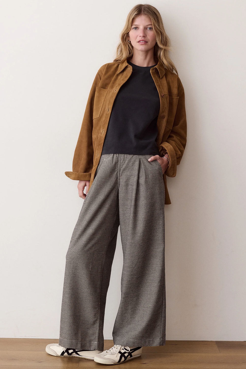 Marine Layer Allison Moleskin Trouser in Black/Cream Houndstooth — Full-body view