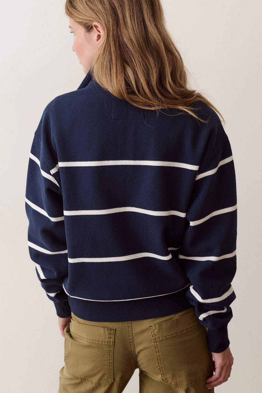 Marine Layer Cloud 9 Fleece Half Zip in Navy/White Stripe — Back view