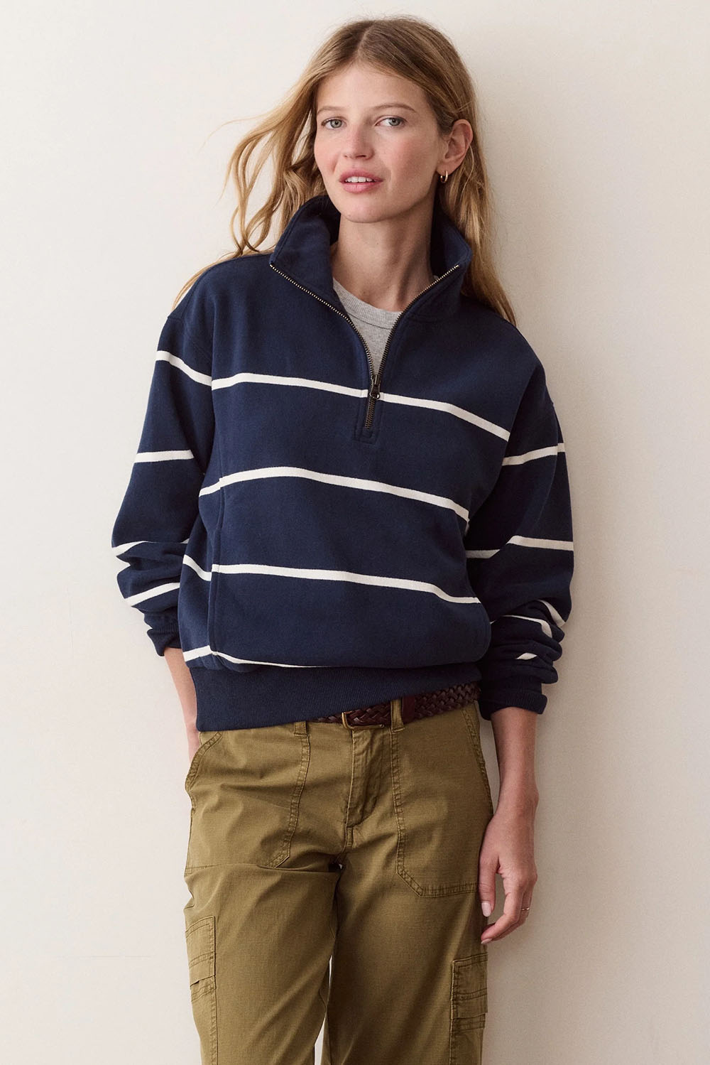 Marine Layer Cloud 9 Fleece Half Zip in Navy/White Stripe — Front view
