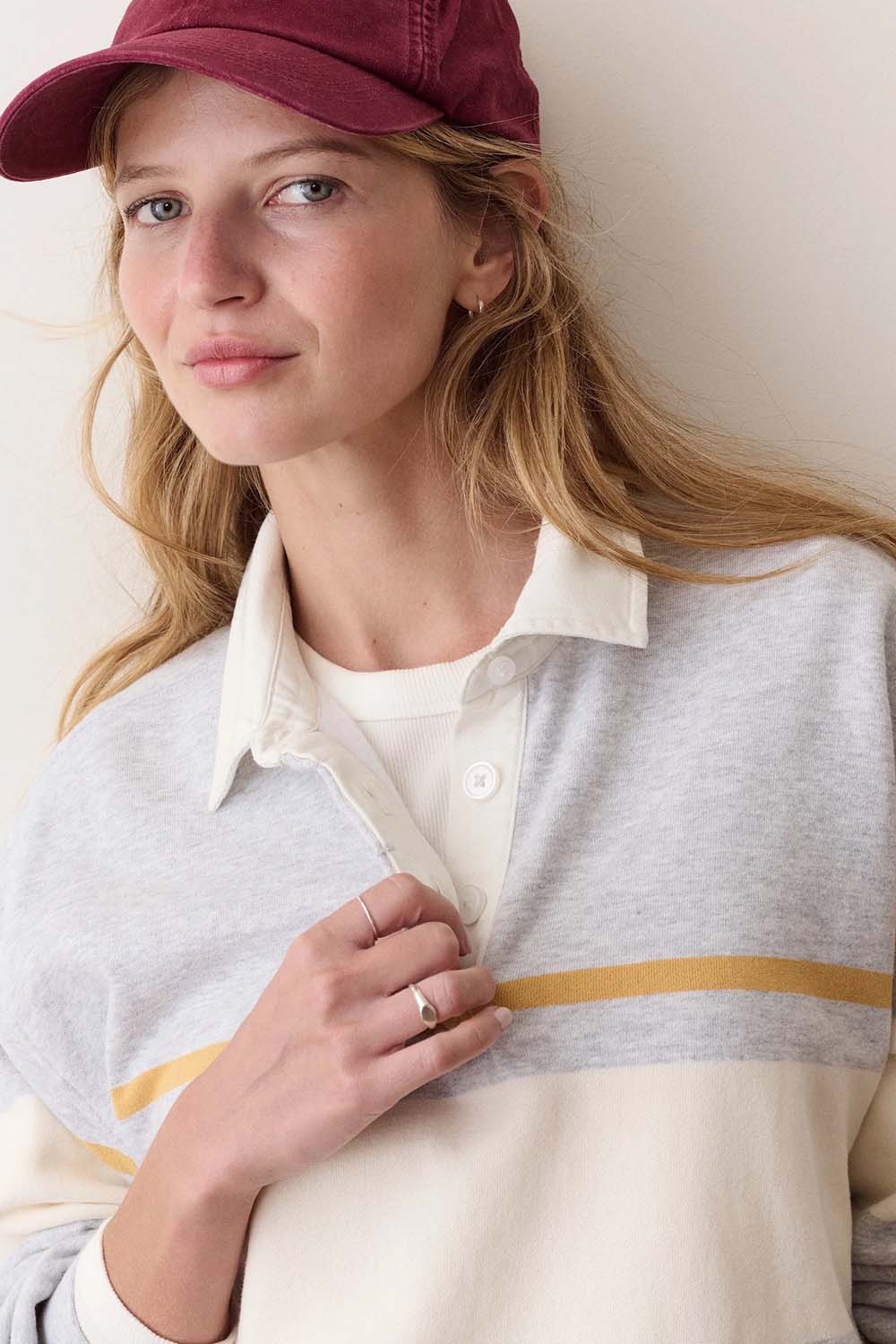 Marine Layer Cloud 9 Fleece Polo in Heather Grey — Collar detail view