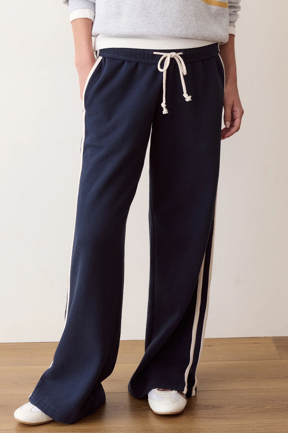 Marine Layer Cloud 9 Fleece Track Pant in Navy — Front view, leg crop