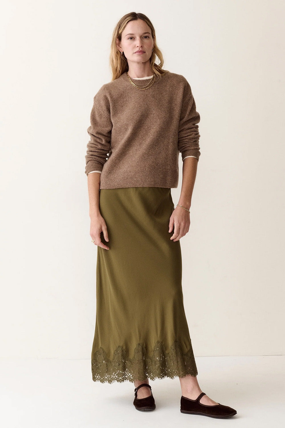 Marine Layer Coastal Merino Crewneck Sweater in Soft Brown — Full-body view