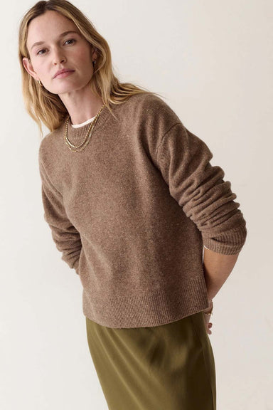 Marine Layer Coastal Merino Crewneck Sweater in Soft Brown — Model view