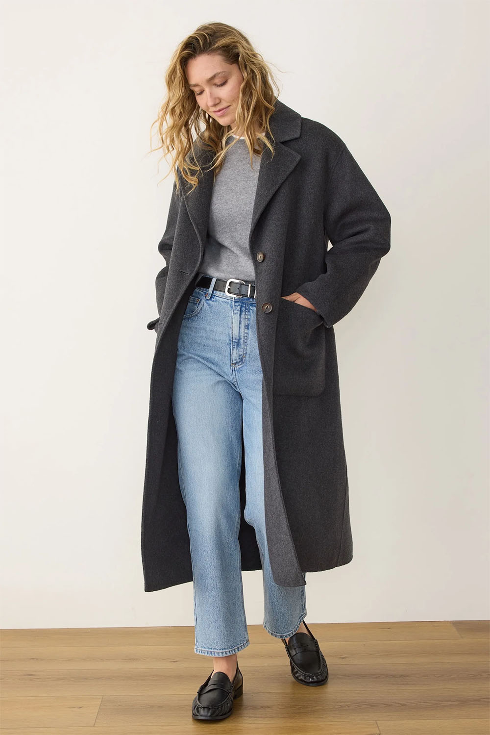 marine layer colette oversized coat in charcoal heather side view