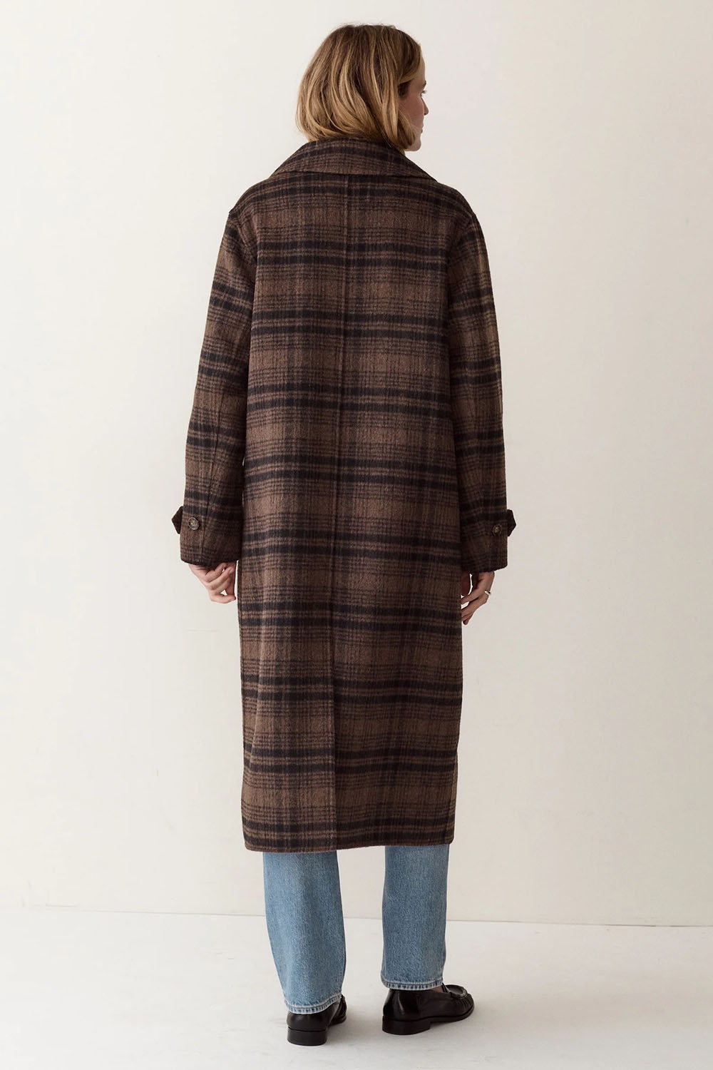 Marine Layer Colette Wool Plaid Topcoat in Brown/Black Plaid — Back view