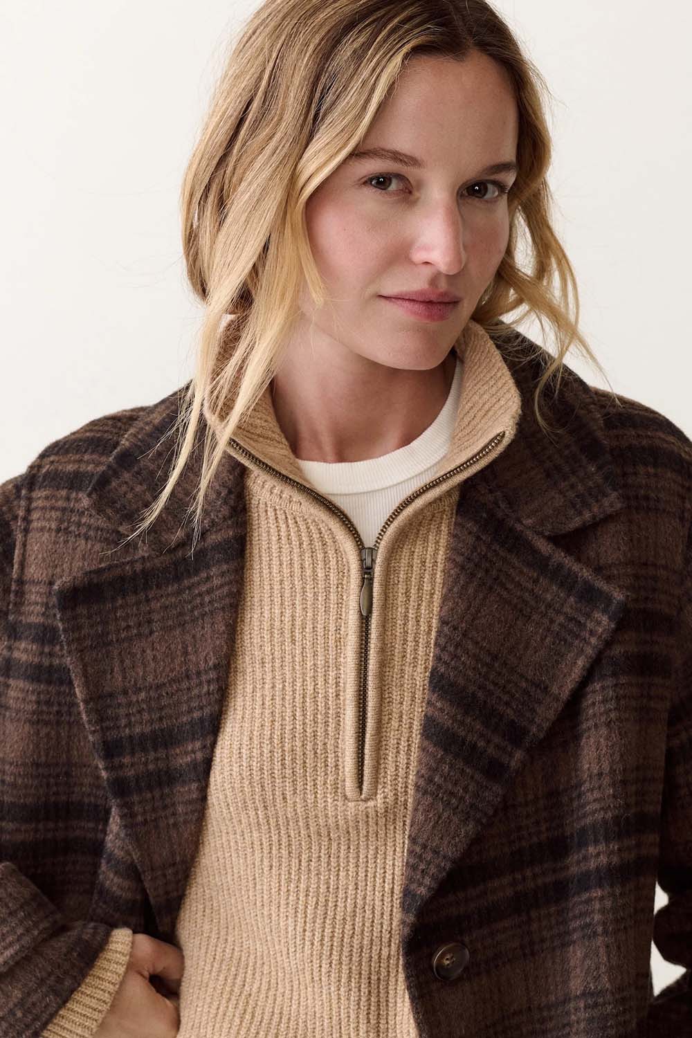 Marine Layer Colette Wool Plaid Topcoat in Brown/Black Plaid — Collar detail view