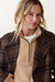 Marine Layer Colette Wool Plaid Topcoat in Brown/Black Plaid — Collar detail view