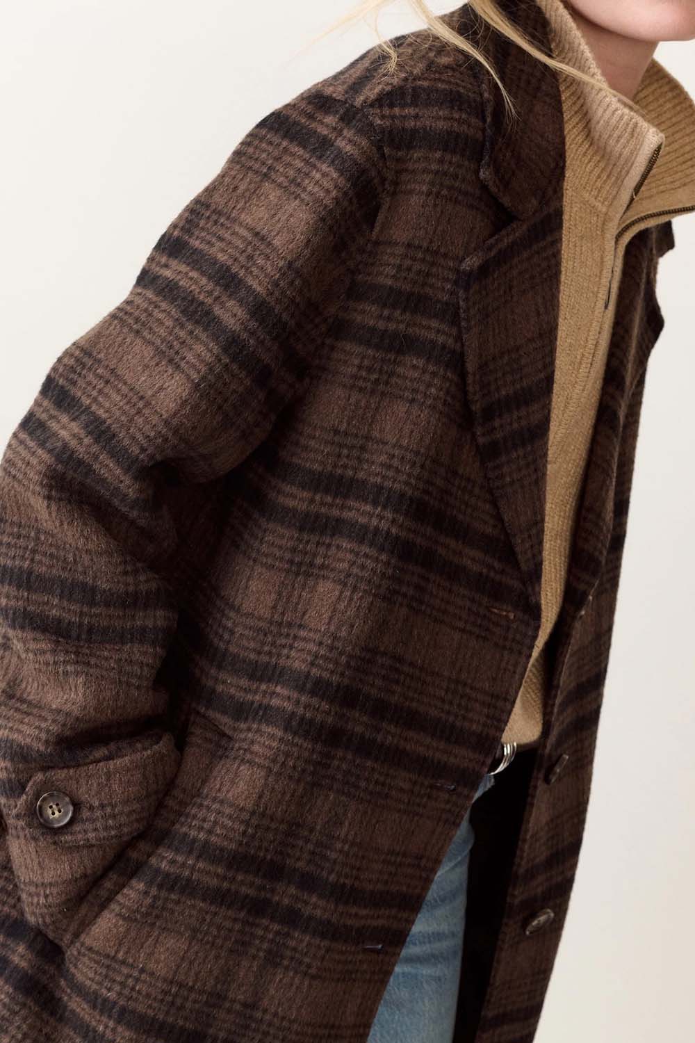 Marine Layer Colette Wool Plaid Topcoat in Brown/Black Plaid — Lapel detail view