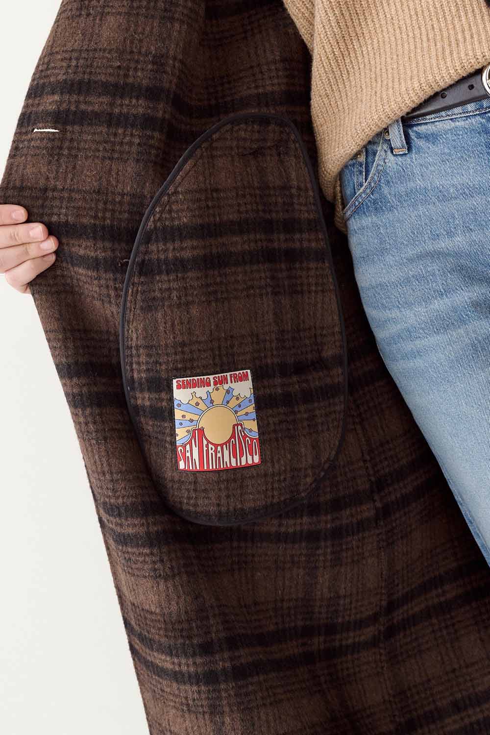 Marine Layer Colette Wool Plaid Topcoat in Brown/Black Plaid — Pocket detail view